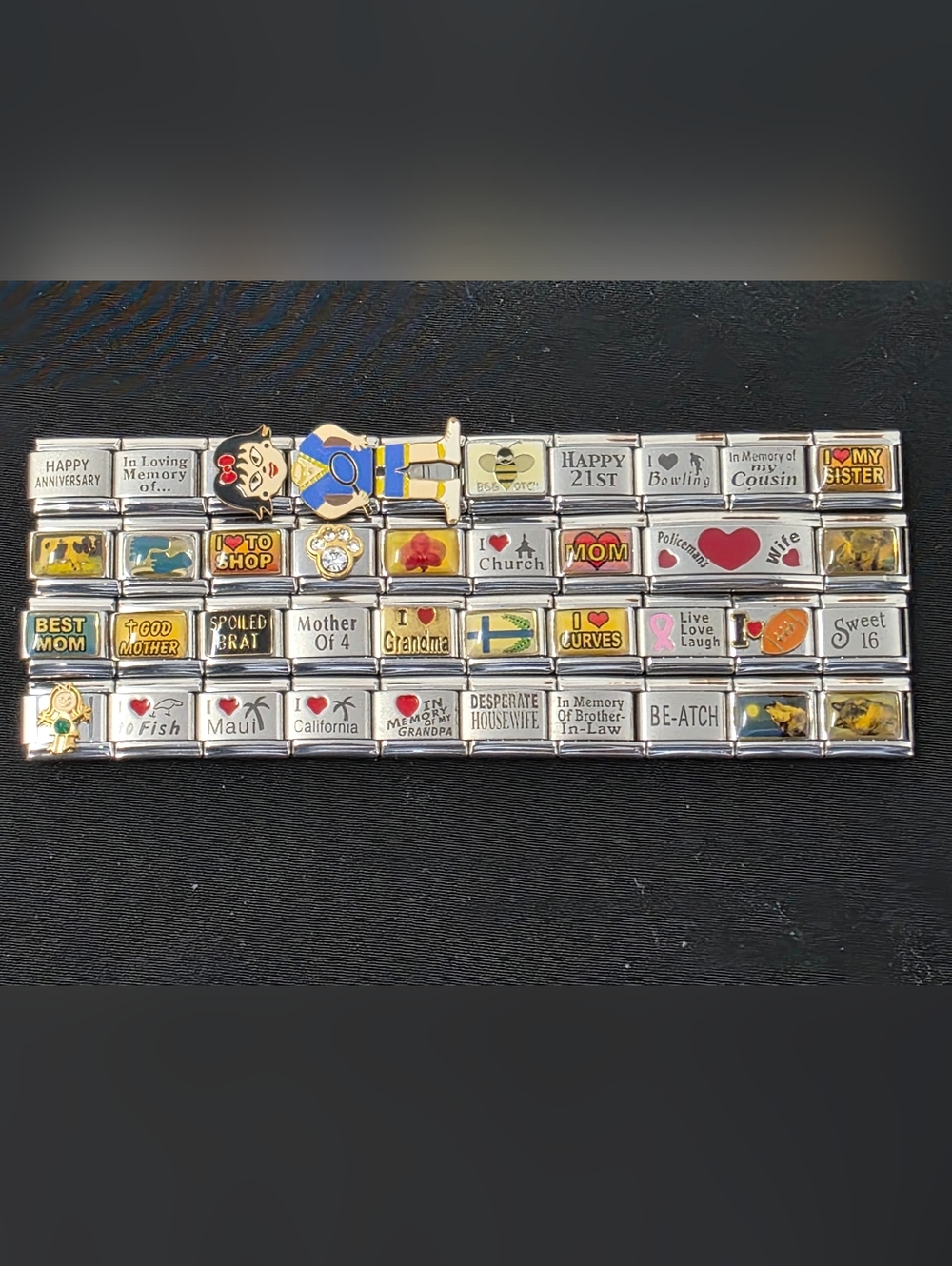 40 Italian Charm Link Bracelet with Enamel Character and Sentiment Plates